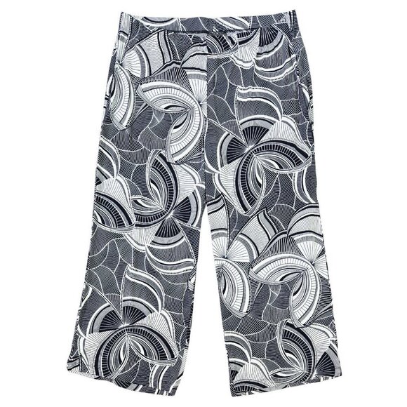 Chico's Travelers Navy Blue White Abstract Floral Fan Pull On Wide Leg Pants - Picture 1 of 10